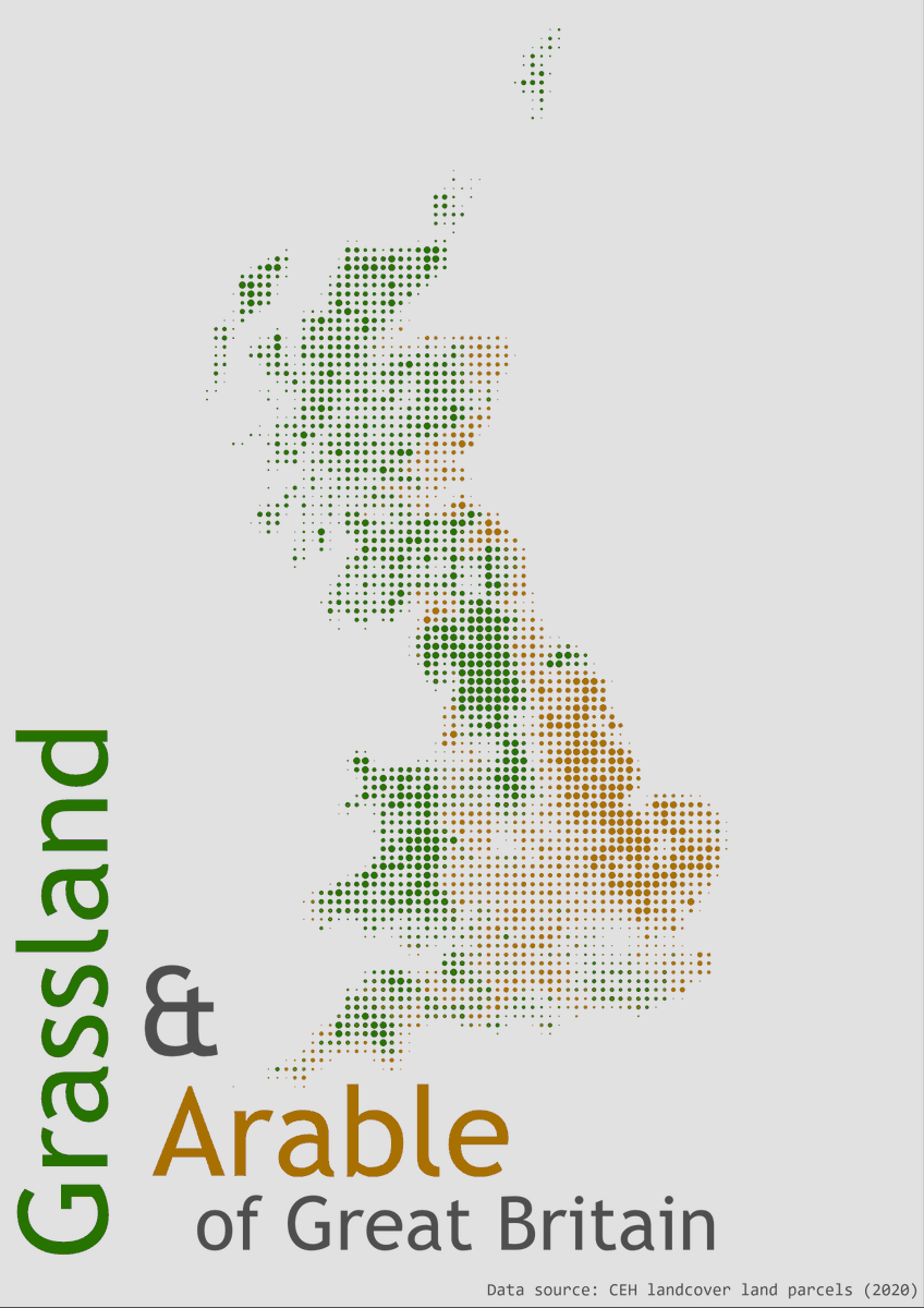 Jess Hepburn (@jesswhomaps) on Twitter photo Arable🌾vs Grassland 🌱
Proportional 'points' showing % coverage of Arable and Grassland land cover across Great Britain.
Data sourced from <a href="/UK_CEH/">UK Centre for Ecology & Hydrology</a> + compiled as part of our current project #BECCA... more to come soon 👀
#30daymapchallenge | Day 1 - Points Arable🌾vs Grassland 🌱
Proportional 'points' showing % coverage of Arable and Grassland land cover across Great Britain.
Data sourced from <a href="/UK_CEH/">UK Centre for Ecology & Hydrology</a> + compiled as part of our current project #BECCA... more to come soon 👀
#30daymapchallenge | Day 1 - Points