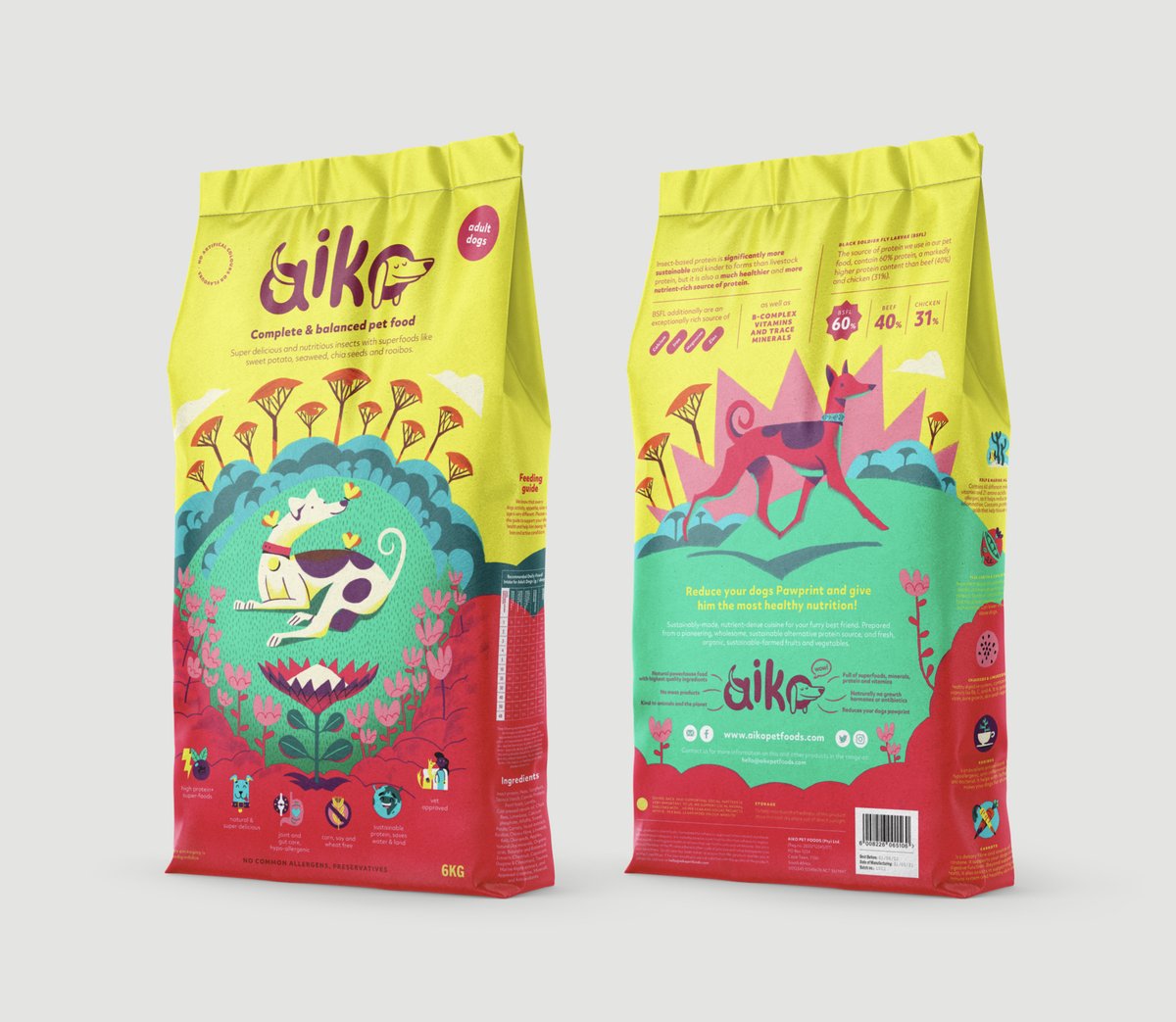 Look and feel for Aiko® Dog food. Great company based in South Africa and Germany. Supporting  and developing the local South African insect protein industry. Check them out at aikoplanet.com

#illustration #packagingdesign #dogs #dogfood #aikoplanet #aikodogfood