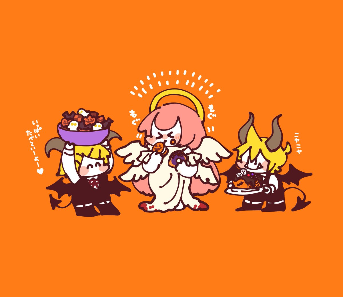 hatsune miku orange background 2girls multiple girls nun brown hair habit halloween  illustration images