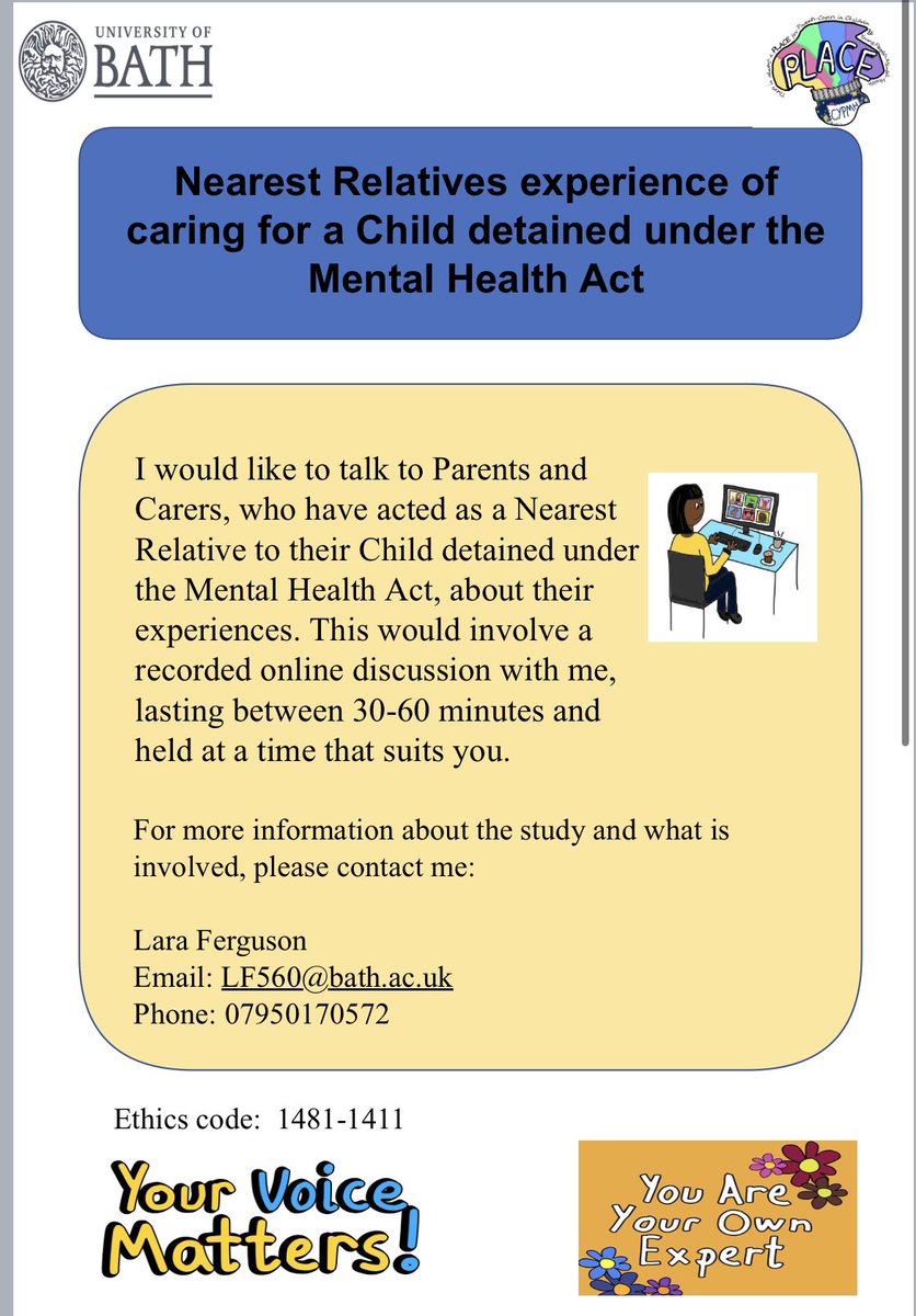 #CallingParticipants 

I’m conducting research looking at nearest relatives experiences of caring for a child detained under the Mental Health Act. 

For more information please contact me on lf560@bath.ac.uk 

*please share*