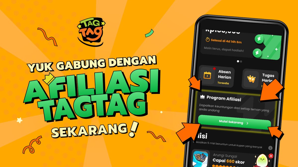 Tagtag_GG's tweet photo. Nah ada tingkat level berbeda yang bakalan nentuin berapa besar komisi yang bisa kamu dapetin. Nah, buat ngejer komisi itu, caranya simple kok. Tinggal ajak temenmu, main, nonton iklan, dan tukerin Koin. Yuk, daftarin dirimu jadi afiliator sekarang

#TagTag #games #gameseru #cuan https://t.co/H67eurFOk8