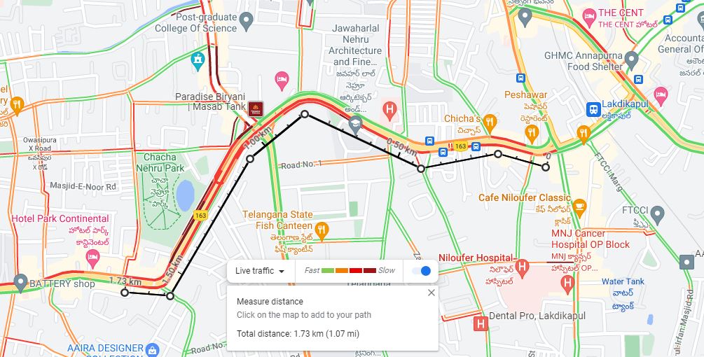 Date: 01-11-23 at 1448 hrs. Due to heavy flow of traffic and peak hours, movement of vehicles is slow from Old PS Saifabad, Lakdikapool, Ayodhya Jn., PTI, Mahaveer Hospital, Masab Tank towards NMDC. Saifabad and Asif Nagar Traffic police are available and regulating traffic.