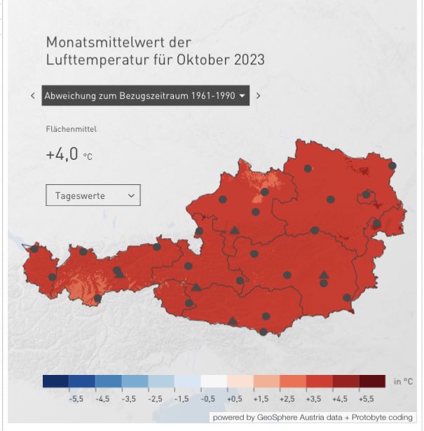 Termination Shocktober in Austria + 4.0° C! 

What have we done! Fake climate protection with ‚cleaner’ Energy Sources like Fracking Gas, still emitting a lot of Carbon, destroying the Albedo of the Earth and a big acceleration. A perfect storm have not scripted better.