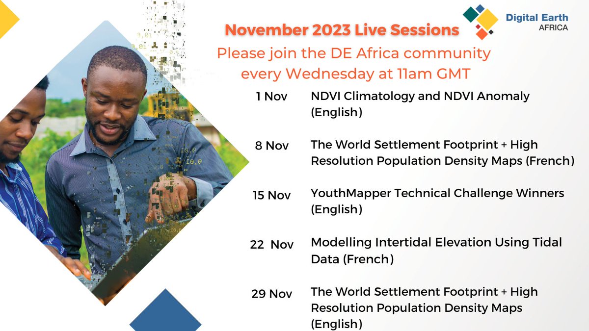 As we kick start the new month, please join the Digital Earth Africa community every Wednesday in #November as we host the following five live user sessions.  
To attend any of these sessions, please visit: bit.ly/DEAfricaLiveSe…