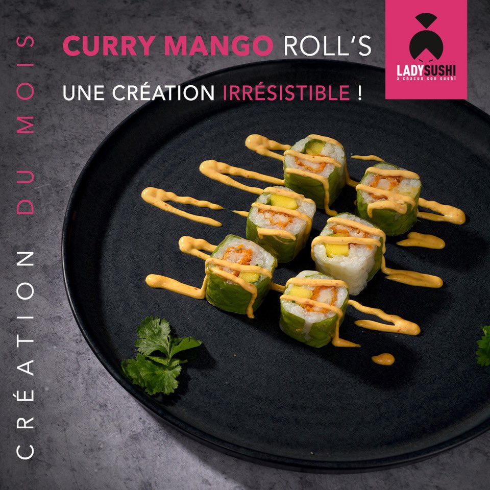 🍛 CURRY MANGO ROLL’S 🥭 

Une nouvelle #création irrésistible ! 😍 

Laissez-vous séduire par notre nouvelle #recette à base de poulet, crème coco, mangue fraîche, coriandre, sans oublier notre savoureuse sauce #curry 🧡 

Une fusion de #saveurs ! ✨

lady-sushi.fr