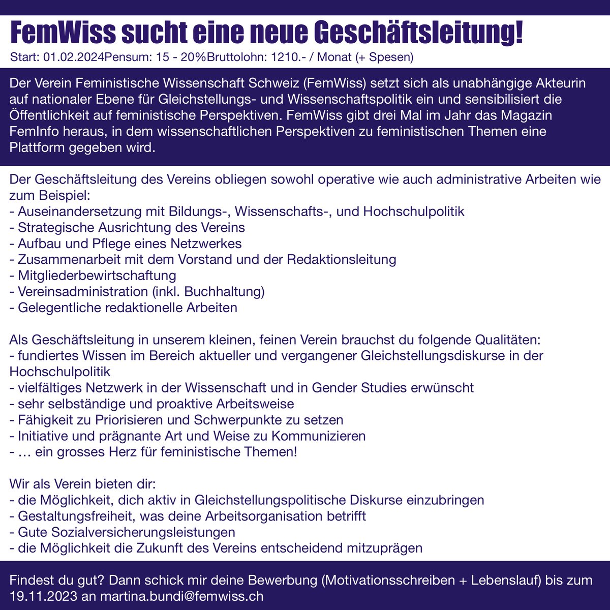 Fem_Wiss's tweet photo. FemWiss sucht ab 1.2.24 eine neue Geschäftsleitung! Bewerbungsfrist: 19.11.23 https://t.co/UaxERyGALd https://t.co/T6qsy79wlk