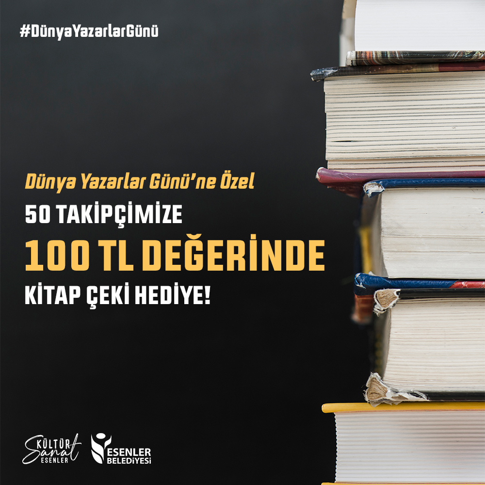 #DünyaYazarlarGünü'ne özel, 50 takipçimize dilediği kitabı alabileceği 100 TL değerinde kitap çeki hediye ediyoruz! 🎁📚

Çekilişe katılmak için 👇
- <a href="/esenlerkultur/">Esenler Kültür Sanat</a> hesabımızı takip edin.
- Bu gönderinin altına 3 kişiyi etiketleyin.
- Bu gönderiyi RT yapın.

📢 Kazananları, 6