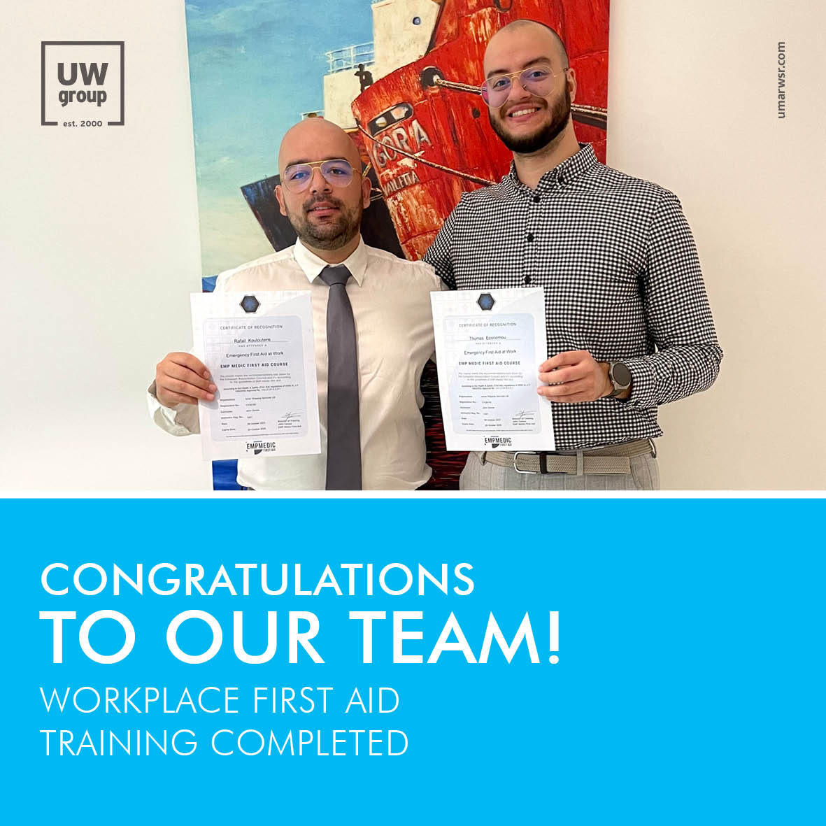 Congratulations to our team for completing the Workplace First Aid and CPR Training, along with the training needed for using the Automated External Defibrillator! Thank you to EMP Medic First Aid for their amazing training! 🚑

#UMARWSR #UWGroup #ShipRepairs #MarineEquipment