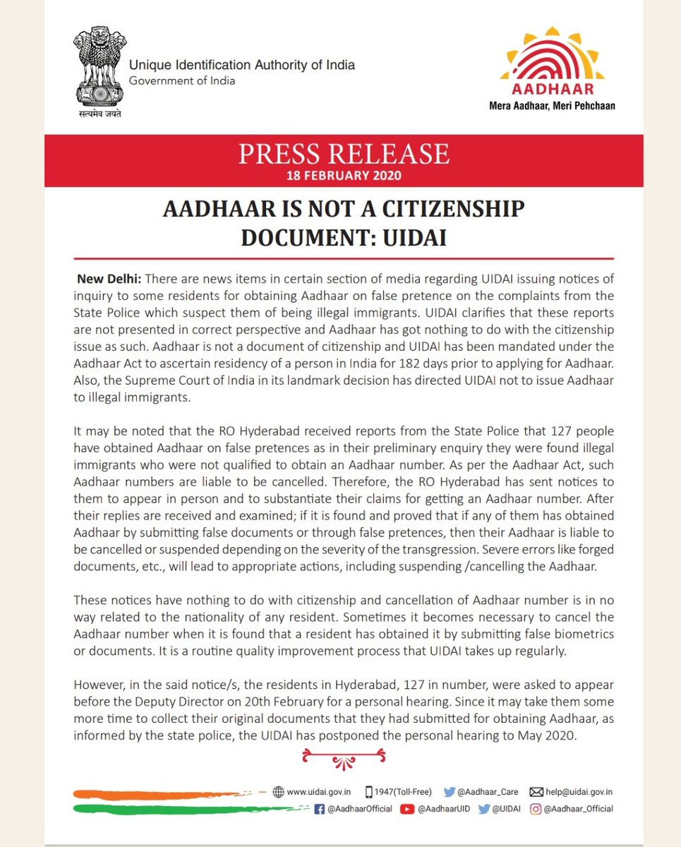 UIDAI says 'Aadhaar us jot a citizenship document,' which means not having Aadhaar card does not necessarily mean not belonging to India. @NBirenSingh needs to keep this in mind while asking his militia to do operation in and around Moreh.
#KukiLivesMatter
#SeparateAdministration