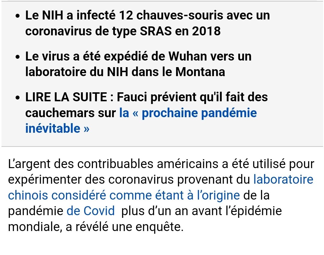 'Le laboratoire dirigé par Anthony Fauci dans le MONTANA a expérimenté une souche de coronavirus expédiée de Wuhan un an AVANT le début de la pandémie de Covid' Article du DailyMail. dailymail.co.uk/health/article…