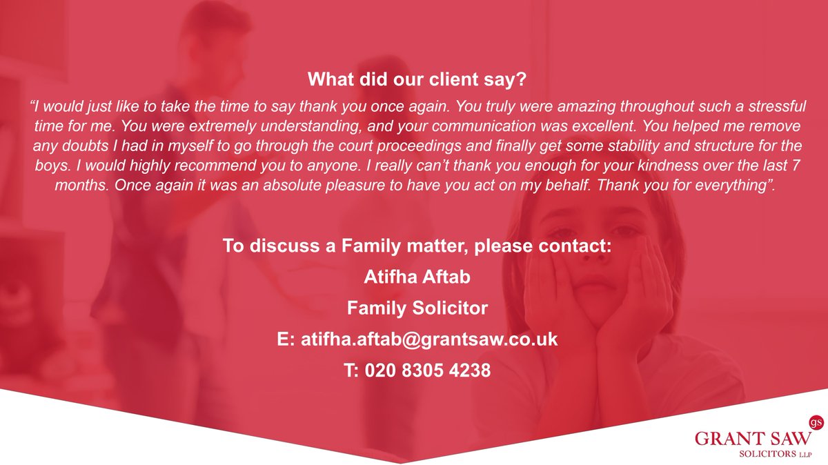 GrantSaw's tweet photo. Case study: Atifha Aftab, Family Solicitor at @GrantSaw, represented a client in her application for a Child Arrangements Order in respect of her two sons. View the full case study and quote from the client below #familylaw #childarrangementsorder #casestudy https://t.co/hUvjGLp8eT