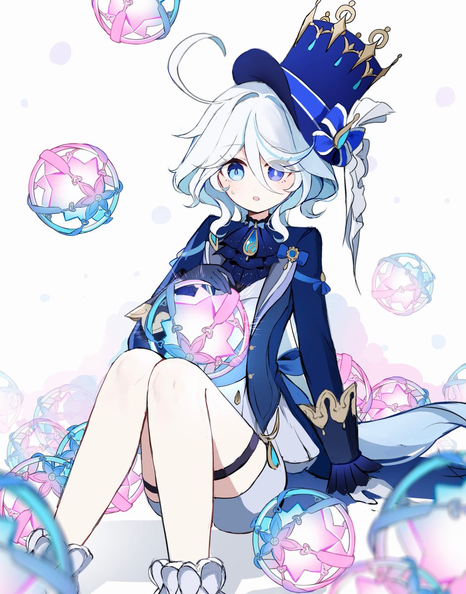 hat blue eyes gloves sitting white hair blue headwear solo  illustration images