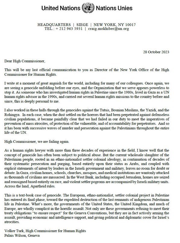 Ebbaba_H's tweet photo. Un documento histórico y valiente. 

“Reina el apartheid”. “Es un genocidio de libro. (…) EE.UU., el Reino Unido y gran parte de Europa son totalmente cómplices” 

Dimite el director en Nueva York del Alto Comisionado de la ONU para los DDHH por el "genocidio" palestino en Gaza https://t.co/B0ThJiwFcy