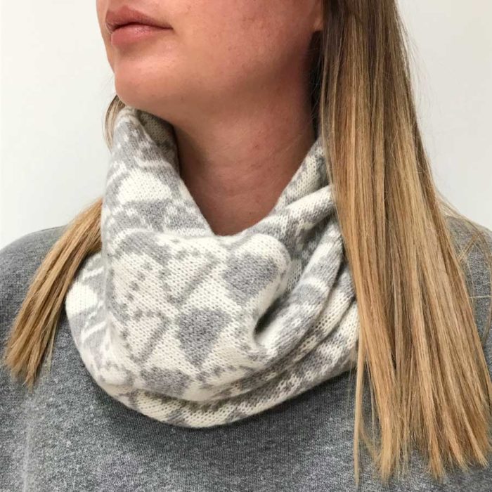 This ladies grey and ecru knitted snood is made from British spun 100% Lambswool by artisan designer-maker Kate Sayer of Little Knitted Stars - perfect for winter cloudspotting! cloudappreciationsociety.org/shop/cloud-sno…