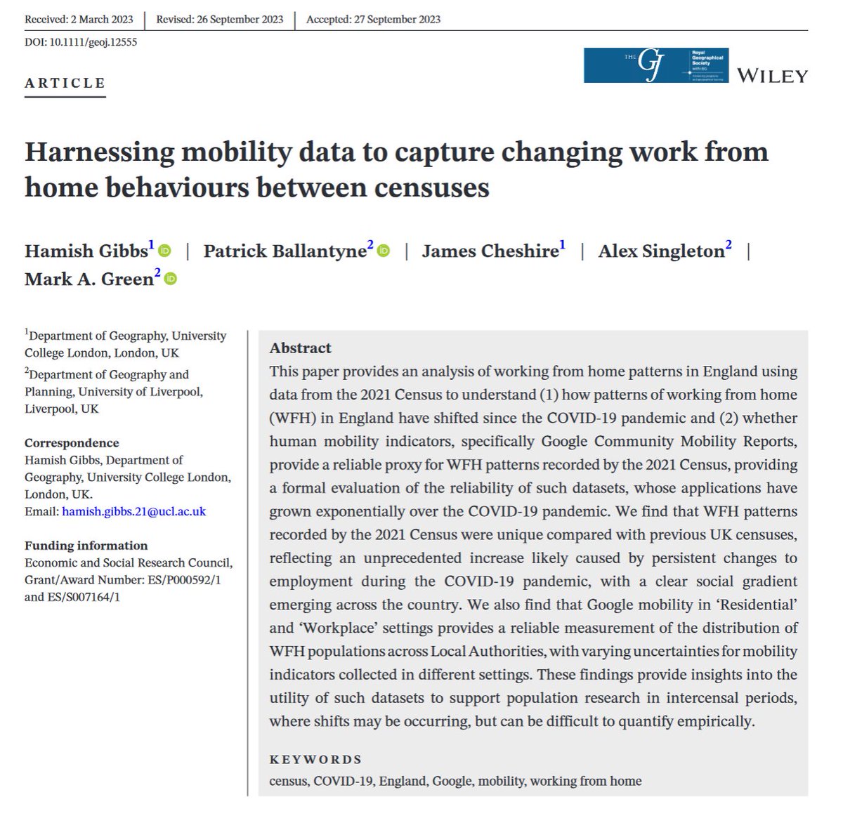 📰WORKING FROM HOME & MOBILITY DATA📰Wondering how working from home has transformed in your area? Or whether mobility data can truly replace the census? This is the paper for you 👇New paper in @geogjournal w/ Hamish Gibbs, @spatialanalysis, @alexsingleton and @markalangreen👥