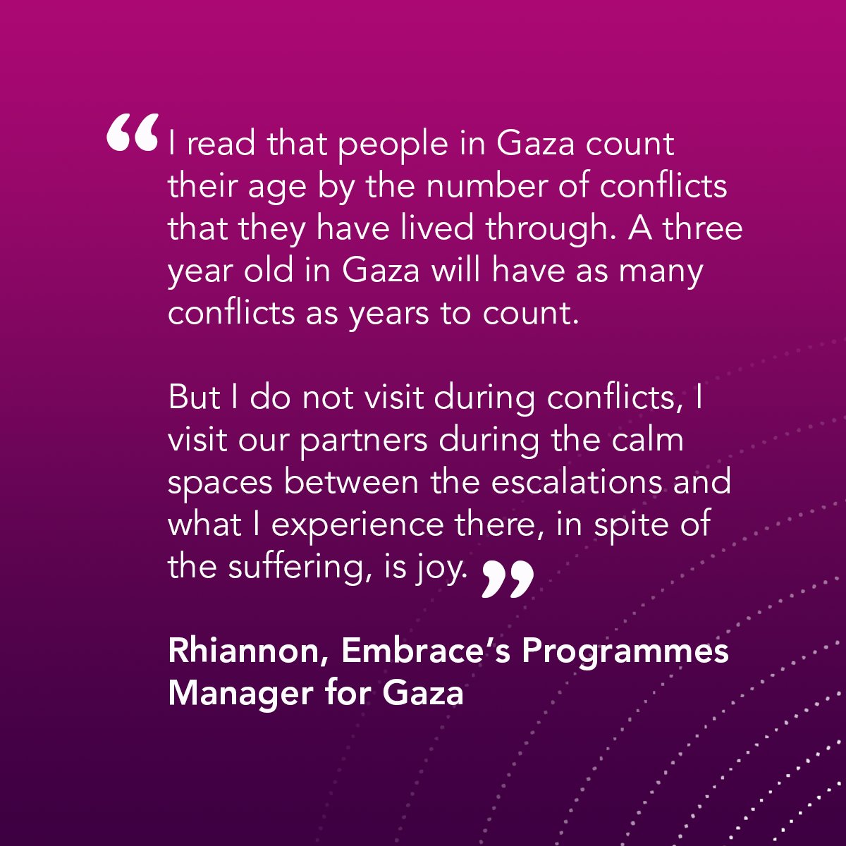 FollowEmbrace's tweet photo. 'Finding light amid the darkness: Life in Gaza'  

On the blog - Our Programmes Manager for Gaza, Rhiannon, recalls the moments of joy and the incredible people she has met on her visits to our partners in Gaza:

👉https://t.co/S8aZSnlVRe https://t.co/4EXHhtRIEI
