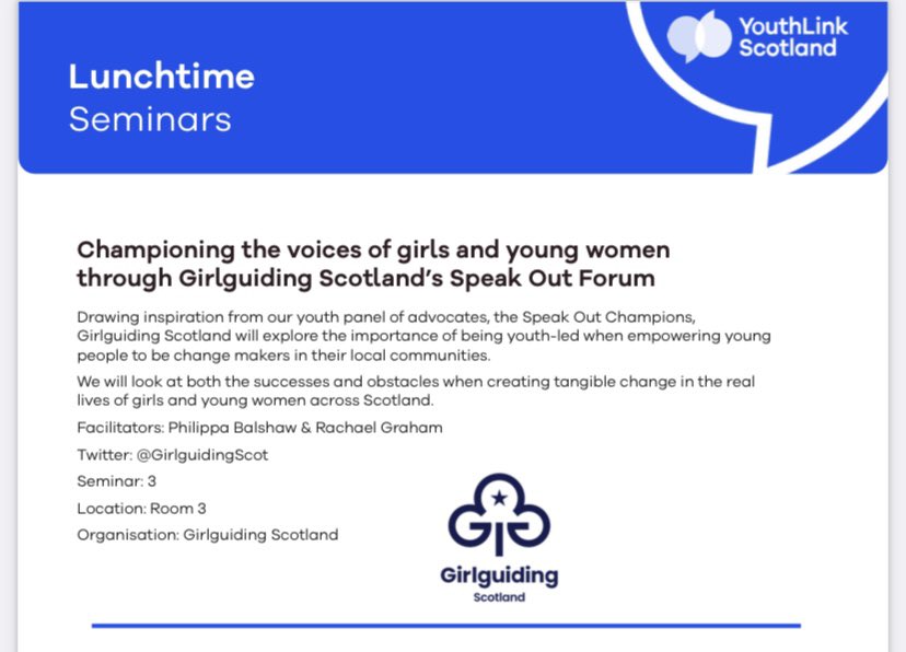 Representing @GirlguidingScot today at the #YLSConf23, learning from a range of different organisations on the importance of youth work and community-based research. We are also giving our own talk on championing the voices of girls and young women 📣