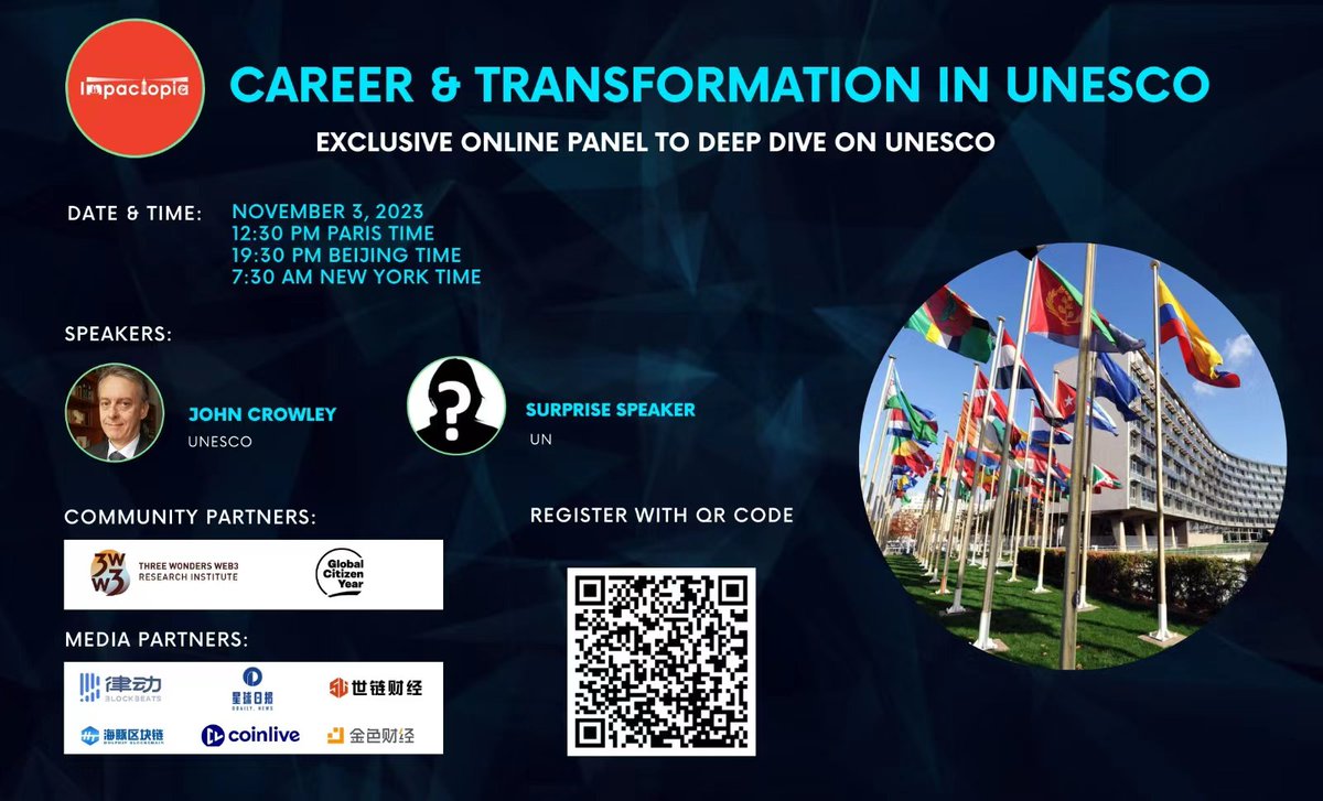 3WW3Builder's tweet photo. We're delighted to support the philanthropy talk organized by @impactopia_net  this Friday, featuring Mr. John Crowley, the former Head of Social Transformation and Diplomacy at @UNESCO  Headquarters.

Don't miss out on an exclusive insight into UNESCO's philanthropy and work environment, along with the potential for the UNESCO sector to integrate technological innovations like blockchain.

📍https://t.co/ICJfzUJ9pj
⏰November 3, 2023, at 11:30 AM UTC

#web3 #3WW3 #UNESCO #UnitedNations #blockchain