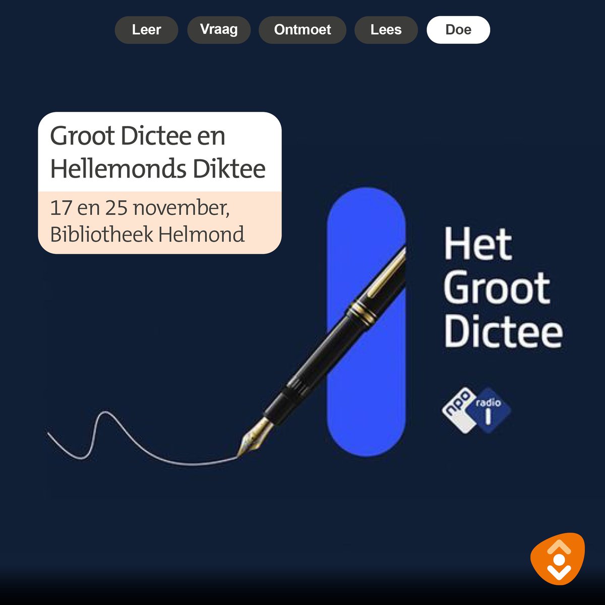 bibliotheekhp's tweet photo. Eind november kun je jouw taalkennis testen tijdens twee #dictees in #Bibliotheek #Helmond: 
- Grôwt Hellemonds Diktee (17 november) 
- Het Groot Dictee der Nederlandse Taal (25 november) 
Bij het Groot Dictee worden opnames gemaakt door @NPORadio1 
https://t.co/zj4tdmvH1t https://t.co/Fq1FRpp46F