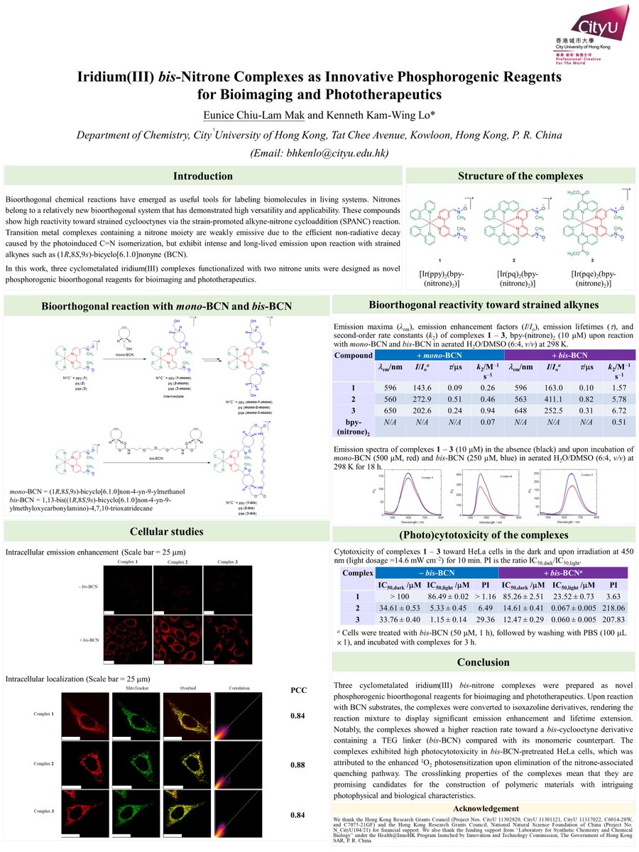 EuniELF's tweet photo. Iridium(III) bis-Nitrone Complexes as Innovative Phosphorogenic Reagents for Bioimaging and Phototherapeutics @InorgChem4Life #IC4LPoster #Bioinorganic https://t.co/Cdo331rKZl