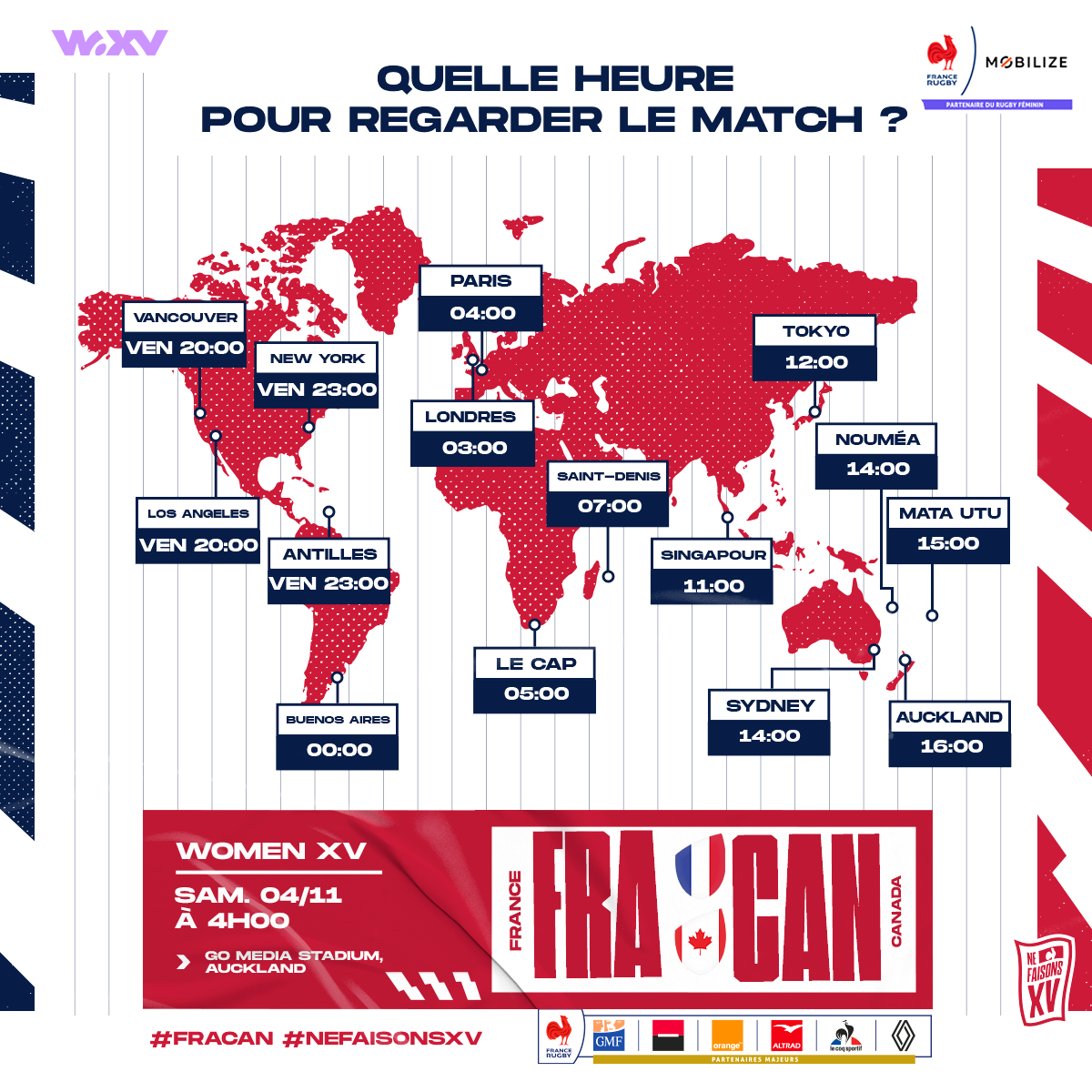 ⏰ Un grand défi pour le #XVdeFrance, mais aussi pour ses supporters en France 😴 👉 Rendez-vous à 4h du matin samedi, pour le dernier match des Bleues en Nouvelle-Zélande 🇳🇿 #WXV #XVdeFrance #FRACAN