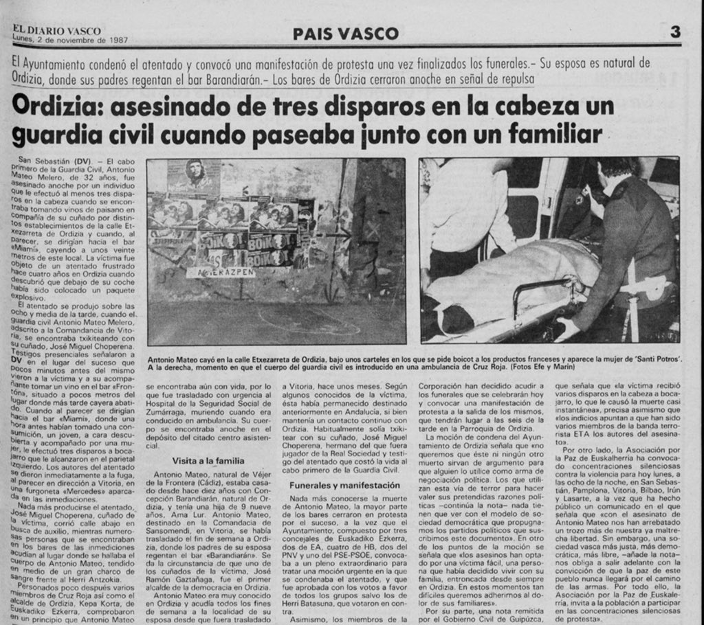 Estás poteando con tu cuñado por #Ordizia, tu mujer es de ahí, vives ahí, de repente se acerca el #etarra #Kubati por la espalda y te dispara dos tiros en la cabeza, rematándote con otro cuando te desplomas.

Ocurrió #TalDiacomoHoy de 1987 al <a href="/guardiacivil/">Guardia Civil</a> Antonio Mateo.

🧵