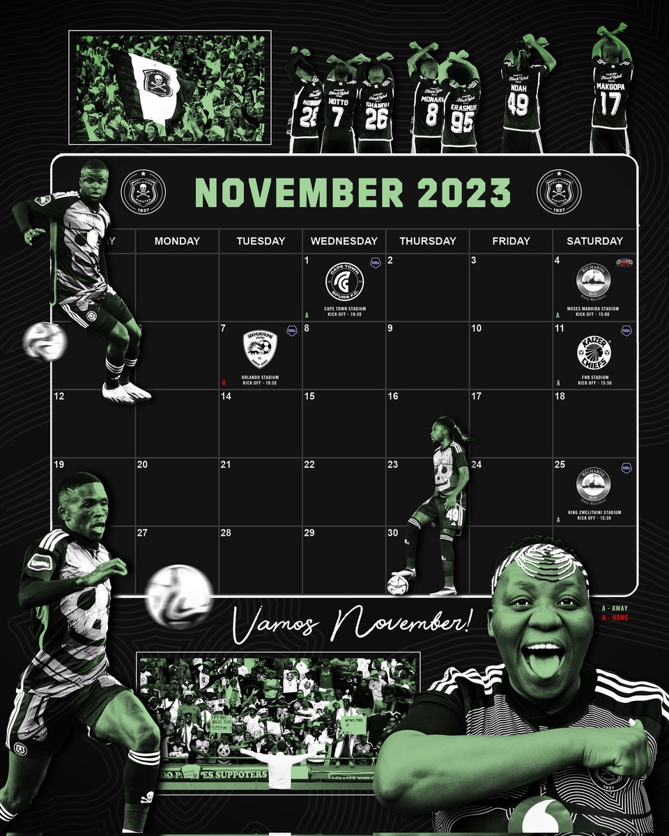 orlandopirates's tweet image. ☠️ 📌 𝗦𝗔𝗩𝗘 𝗧𝗛𝗘 𝗗𝗔𝗧𝗘𝗦 📌

🗓 November 2023/24

🏆 01/11 vs @CapeTownSpursFC
🍻 04/11 vs @RichardsBayFC_
🏆 07/11 vs @SekhukhuneFc
🏆 11/11 vs @KaizerChiefs
🏆 25/11 vs @RichardsBayFC_

⚫️⚪️🔴⭐️
#OrlandoPirates
#OnceAlways