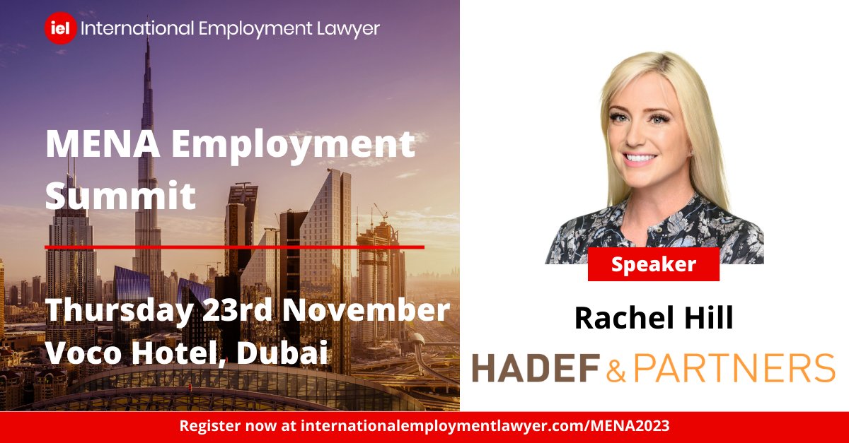 Hadef &amp; Partners is pleased to be a Gold Sponsor at the inaugural MENA Employment Summit on Thursday 23 November at the Voco Hotel in Dubai.
 
Our Partner and Head of Employment, Rachel Hill will be moderating one of the five panel sessions.