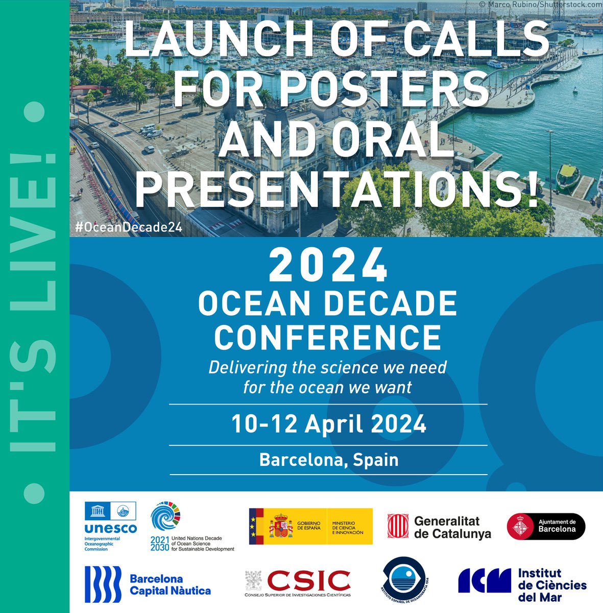 We’re overwhelmed by all the amazing response from our community to our Call for Pre-registration &amp; Satellite Events for the #OceanDecade24. We have one more incredible announcement: the Call for Posters and Oral Presentations is open! Want to know more?➡️ow.ly/2JIw50Q2Lo5