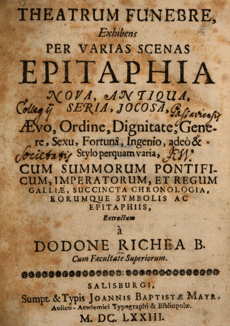 cb_ischl's tweet photo. Das Sammeln von Inschriften hat in Salzburg lange Tradition. Vor 350 Jahren erschien 1673 das „Theatrum funebre“ („Leichentheater“) des Benediktinerprofessors Otto Aicher, eine umfangreiche Sammlung von #Grabinschriften. https://t.co/7FMg6JOrR0