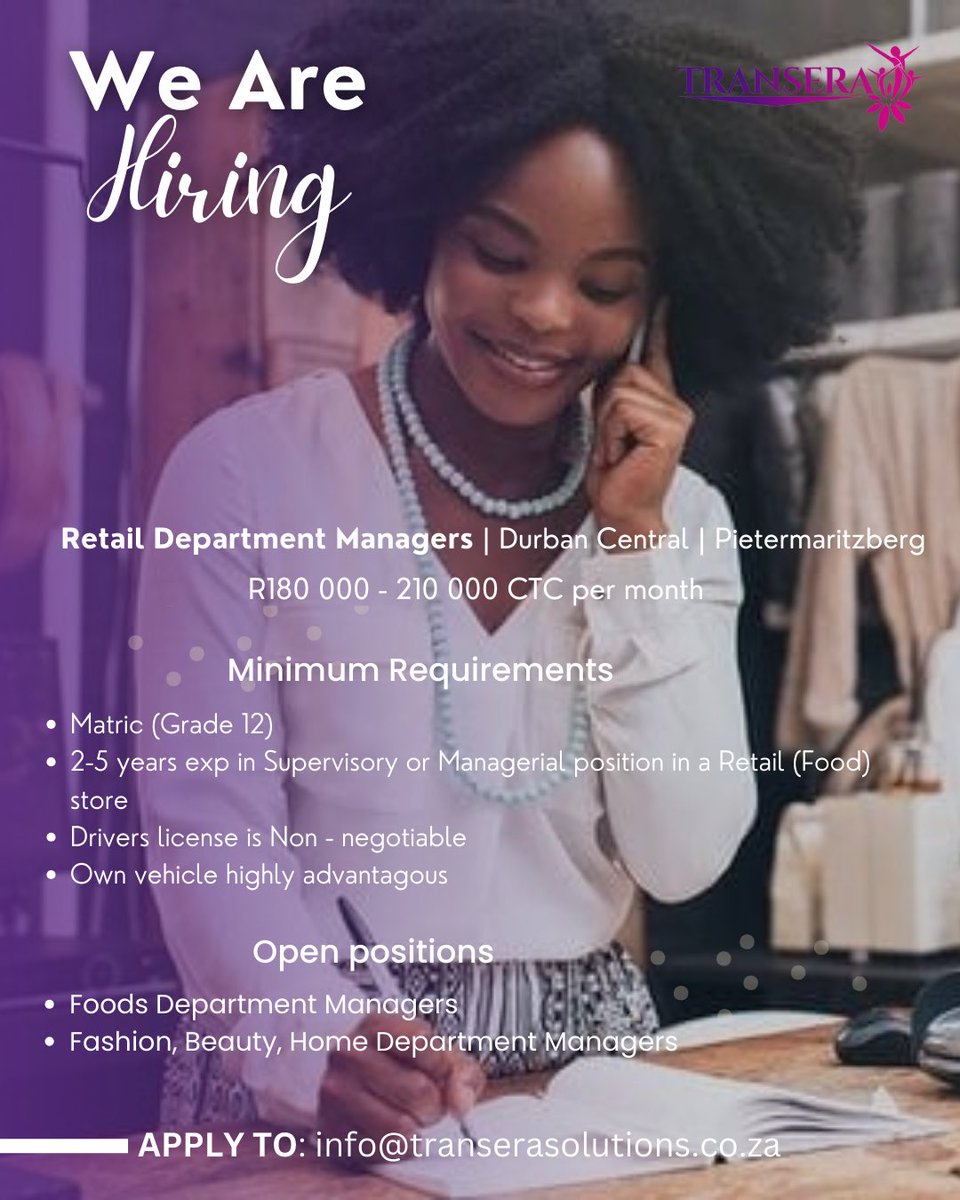 𝐍𝐞𝐰 𝐑𝐞𝐭𝐚𝐢𝐥 𝐑𝐨𝐥𝐞𝐬 💫 Ready to make an impact? Apply now! 📲 Call us at 010 023 8002 💻 Email your resume to info@transerasolutions.co.za #RetailsJobs #Retail #DurbanJobs #jobseekersSA #Proteas GreyHound