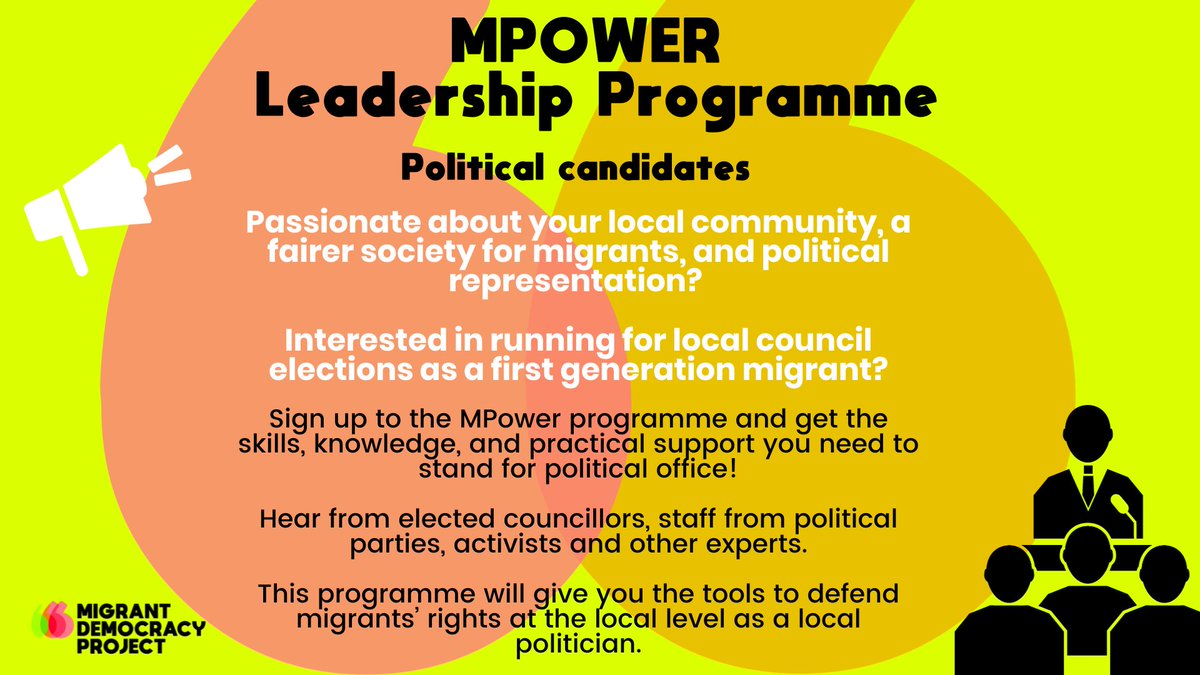 🚀 Exciting news! Introducing our MPower Political Leadership Programme! 💪🗳️ Calling all first-gen migrants: Stand as an elected councillor! Gain skills, support, represent migrants, and deliver long-term change! Apply by Nov 17. docs.google.com/document/d/1HQ… #PoliticalLeadership