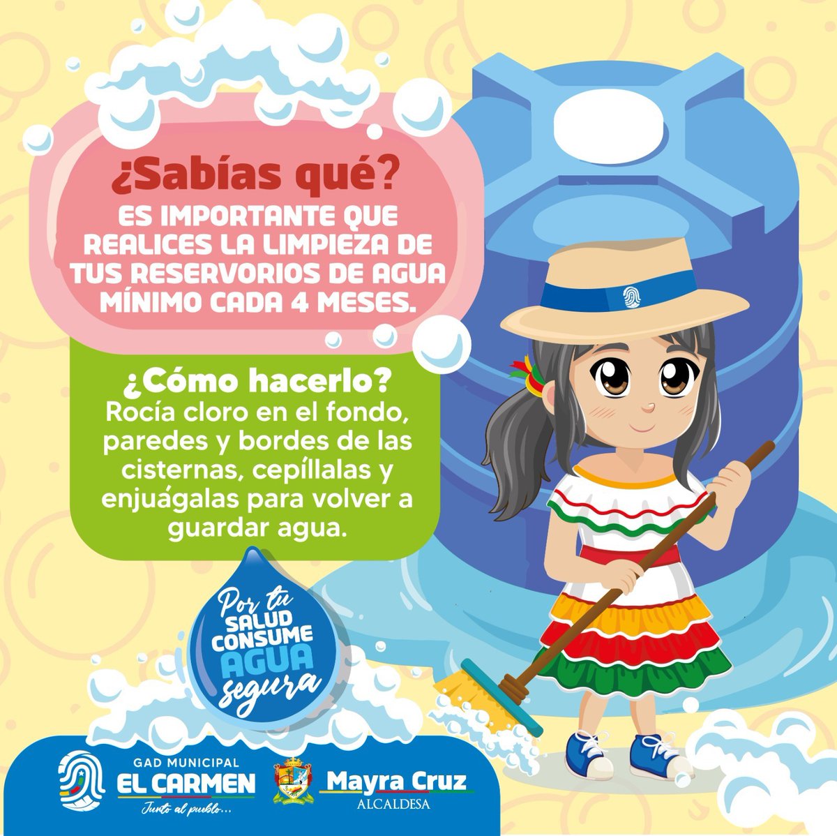 🚰Es importante limpiar nuestros reservorios de agua mínimo cada 4 meses. Haz una limpieza profunda siguiendo este consejo. 

#PorTuSaludConsumeAguaSegura