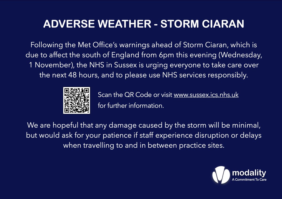 ModalityMidSuss's tweet image. Health advice during Storm Ciaran - please stay safe 🙏
sussex.ics.nhs.uk/health-advice-…
