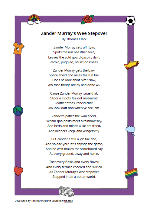 An honour and a privilege to work on these new Scots LGBT-inclusive resources from <a href="/tiecampaign/">TIE</a>, with poets and pals like @Shane_Strachan, <a href="/ashdouglasscot/">Ashley Douglas</a> and Mae Diansangu.

Even great privilege to write about two icons of the Scottish game - @rachelcorsie14 and @zandermurray!