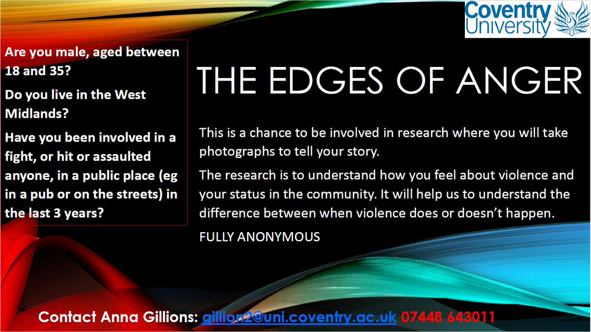 If you're based in the West Midlands, and know anyone who may be interested in participating in this study on #violence, please share. Contact details for Anna Gillions (the lead researcher) are on the attached flyer.