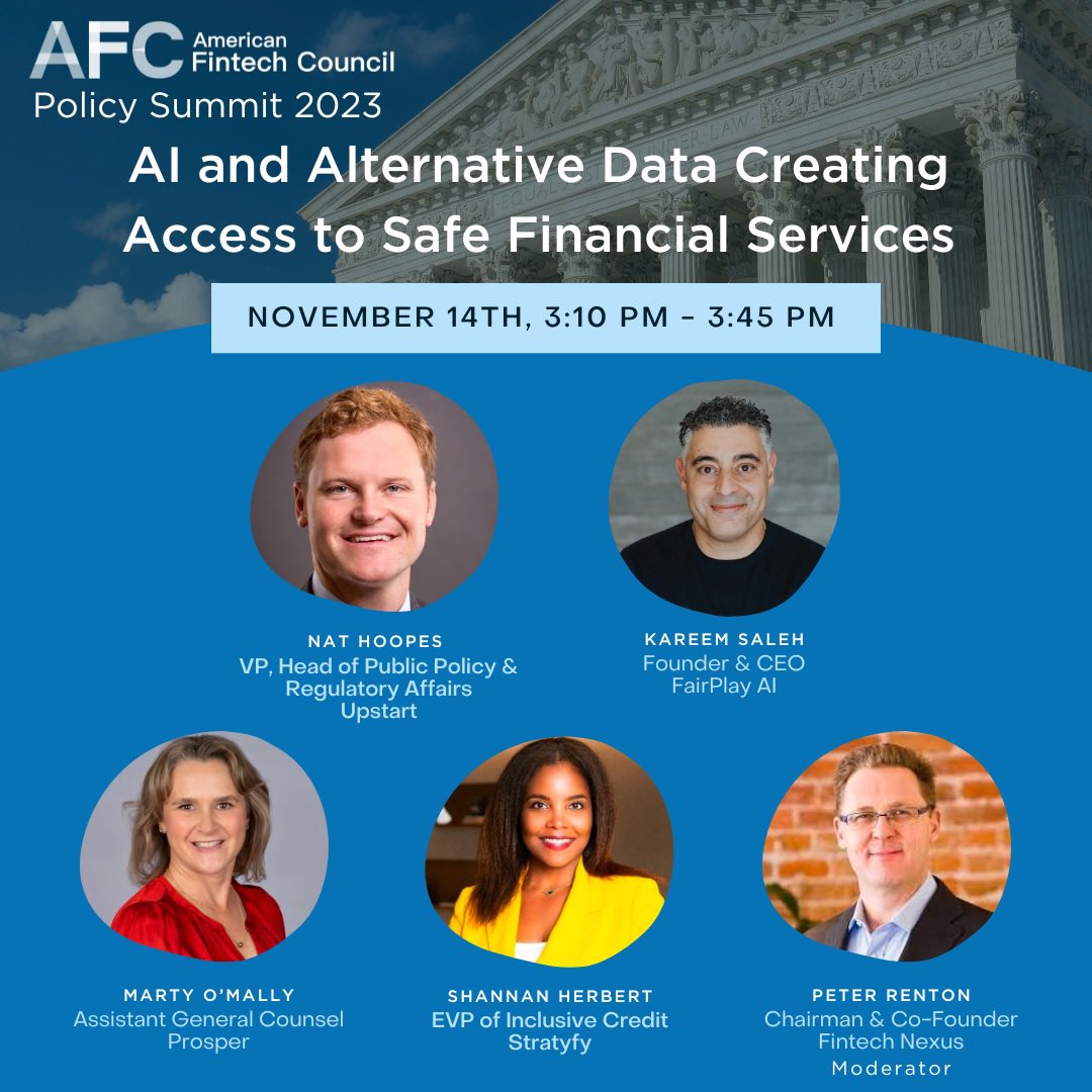 American Fintech Council (@fintechpolicyus) on Twitter photo AFC Policy Summit is only 2 weeks away! Register today fintechcouncil.org/policy-summit-… to hear from these experts on #AI and #Responsible #Fintech #Innovation <a href="/Hoopes_Fintech/">Nathaniel Hoopes</a> <a href="/FairplayAi/">FairPlay AI</a> <a href="/Upstart/">Upstart</a> <a href="/StratyfyInc/">Stratyfy</a> <a href="/peterrenton/">Peter Renton</a> <a href="/Fintechnexus/">Fintech Nexus</a> <a href="/ProsperLoans/">Prosper Marketplace, Inc.</a> AFC Policy Summit is only 2 weeks away! Register today fintechcouncil.org/policy-summit-… to hear from these experts on #AI and #Responsible #Fintech #Innovation <a href="/Hoopes_Fintech/">Nathaniel Hoopes</a> <a href="/FairplayAi/">FairPlay AI</a> <a href="/Upstart/">Upstart</a> <a href="/StratyfyInc/">Stratyfy</a> <a href="/peterrenton/">Peter Renton</a> <a href="/Fintechnexus/">Fintech Nexus</a> <a href="/ProsperLoans/">Prosper Marketplace, Inc.</a>