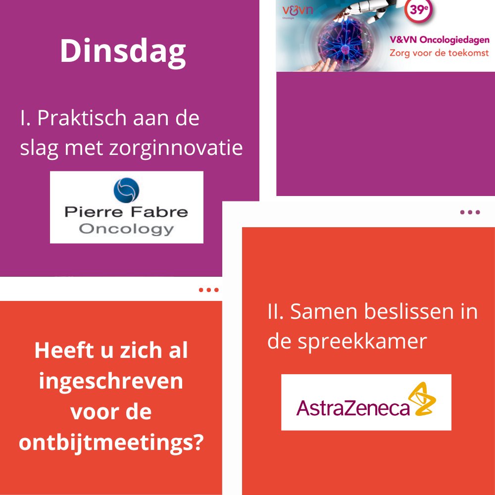 Voordat u het weet staan 20, 21 en 22 november voor de deur. Zorg dan ook snel dat u geregistreerd bent voor de V&amp;VN Oncologiedagen.
Heeft u zich nog niet ingeschreven voor de ontbijtmeetings? Ben er snel bij, want vol = vol! 
hubs.li/Q027nQWp0
