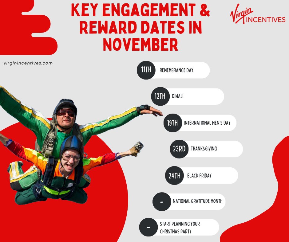 VirginIncentive's tweet image. We know it’s a great feeling to be recognised, valued &amp;amp; rewarded. To support your people engagement strategy, we've highlighted some important dates &amp;amp; occasions to reward &amp;amp; celebrate with your teams for the month of November 🎆❄️

#employeeappreciation #rewardsprograms #HR