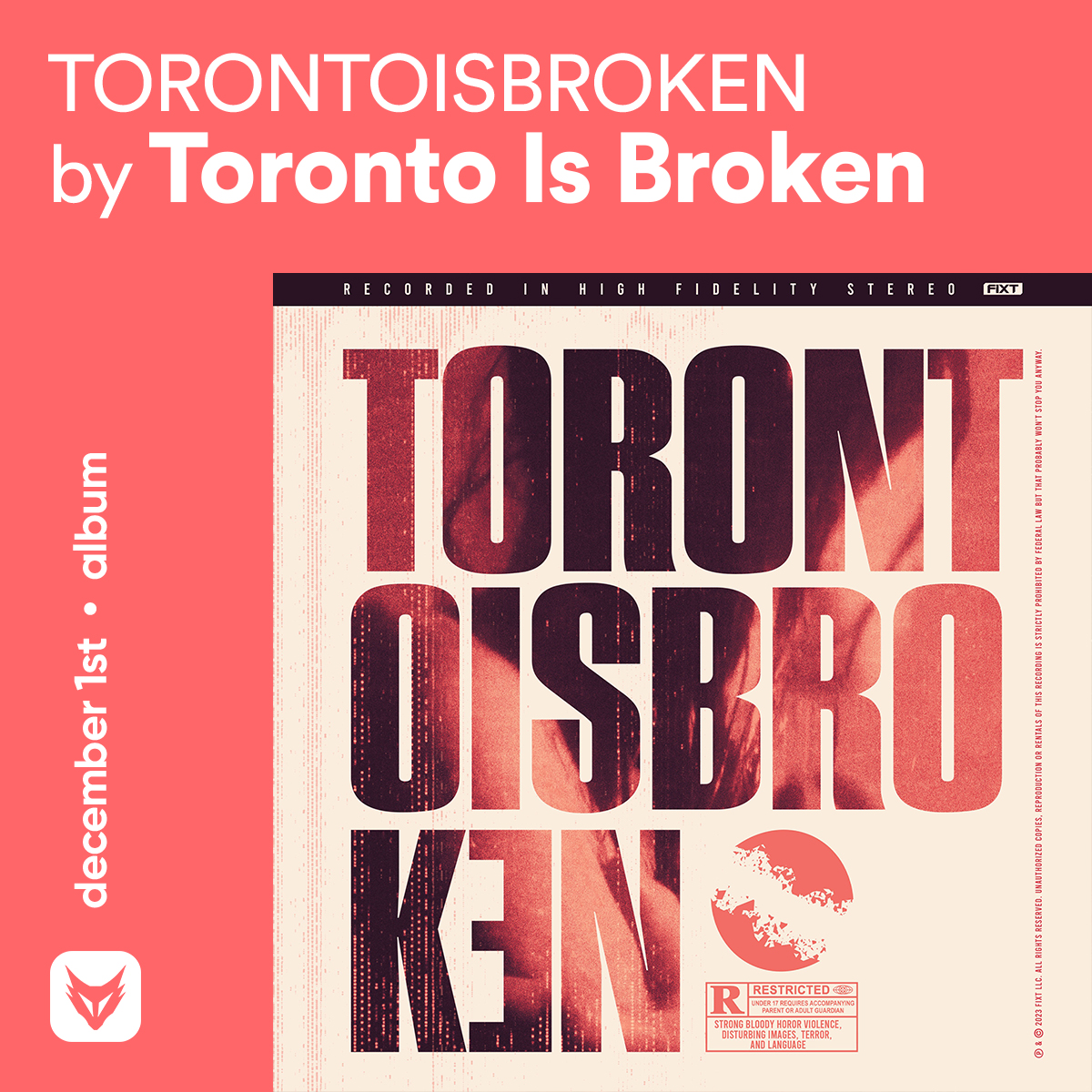 // @Torontoisbroken will unleash the debut full-length release, 'TORONTOISBROKEN', on December 1st via @fixtmusic!

Tracklist, Pt. I:
1. VHS
2. Breed (feat. @REEBZ_uk)
3. Martyrs (feat. #Sebotage)
4. LOWLIFE (feat. #Lateral & Sebotage)
5. Drip Feed (feat. REEBZ)