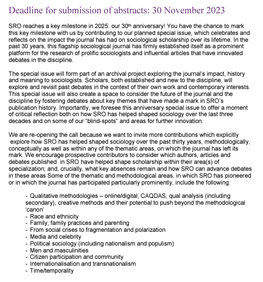 We have reopened submissions for abstracts!

We are looking for abstracts that engage with 30 years of SRO history, reflecting on the impact articles and authors have had or a recognition of thematic absences in our publication.

New deadline 30 November!
britsoc.co.uk/media/26320/sr…