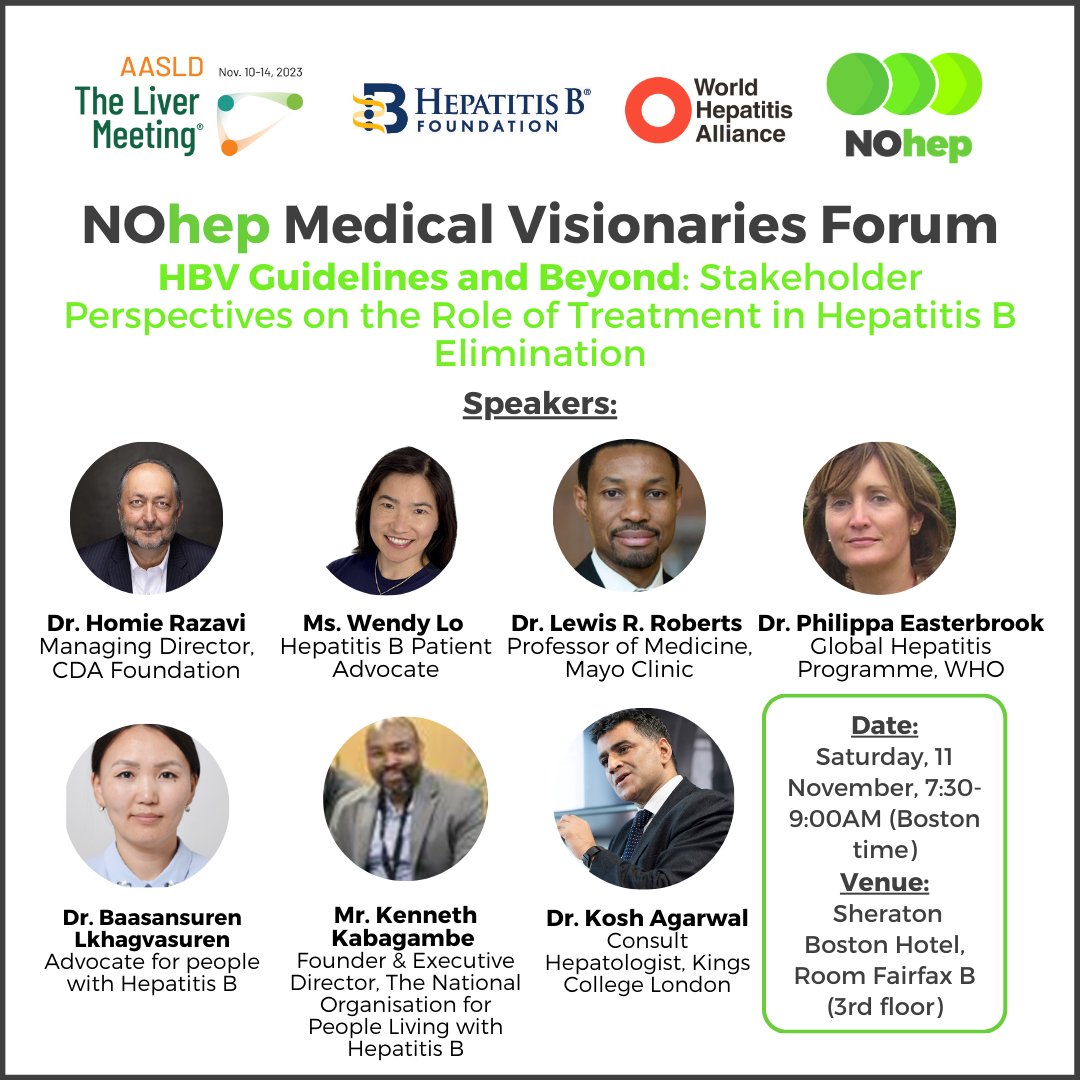 NOhep (@no_hep) on Twitter photo Are you attending #AASLD 2023?
Join our #NOhep Medical Visionaries Forum as we discuss the role of treatment in #hepatitis B elimination.
<a href="/Hep_Alliance/">World Hepatitis Alliance</a> & <a href="/HepBFoundation/">Hep B Foundation</a> co-host this session.
📆 Saturday, 11 Nov
⏰ 7:30-9 AM (Boston time)
RSVP >> bit.ly/3QFCB6z Are you attending #AASLD 2023?
Join our #NOhep Medical Visionaries Forum as we discuss the role of treatment in #hepatitis B elimination.
<a href="/Hep_Alliance/">World Hepatitis Alliance</a> & <a href="/HepBFoundation/">Hep B Foundation</a> co-host this session.
📆 Saturday, 11 Nov
⏰ 7:30-9 AM (Boston time)
RSVP >> bit.ly/3QFCB6z