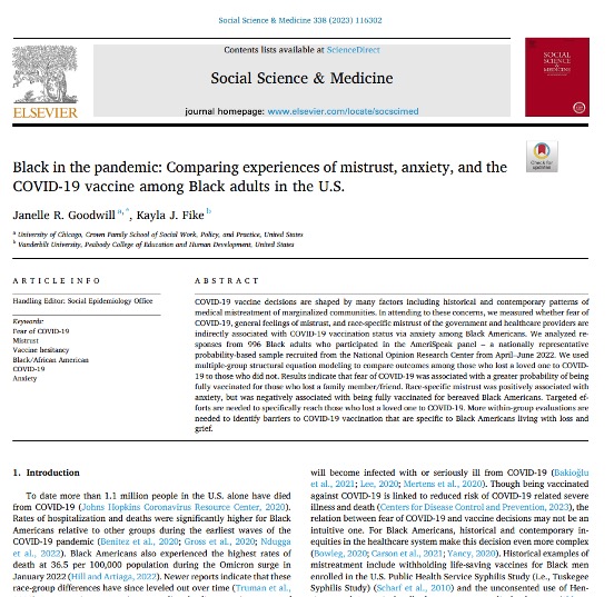Twitter friends: I have a new study out w/ Kayla Fike where we explored whether general vs. race-specific mistrust of the gov. & health care providers was related to COVID-19 vaccine decisions for Black adults The paper is available for free until 12/10 authors.elsevier.com/a/1hykN-CmUzfs5
