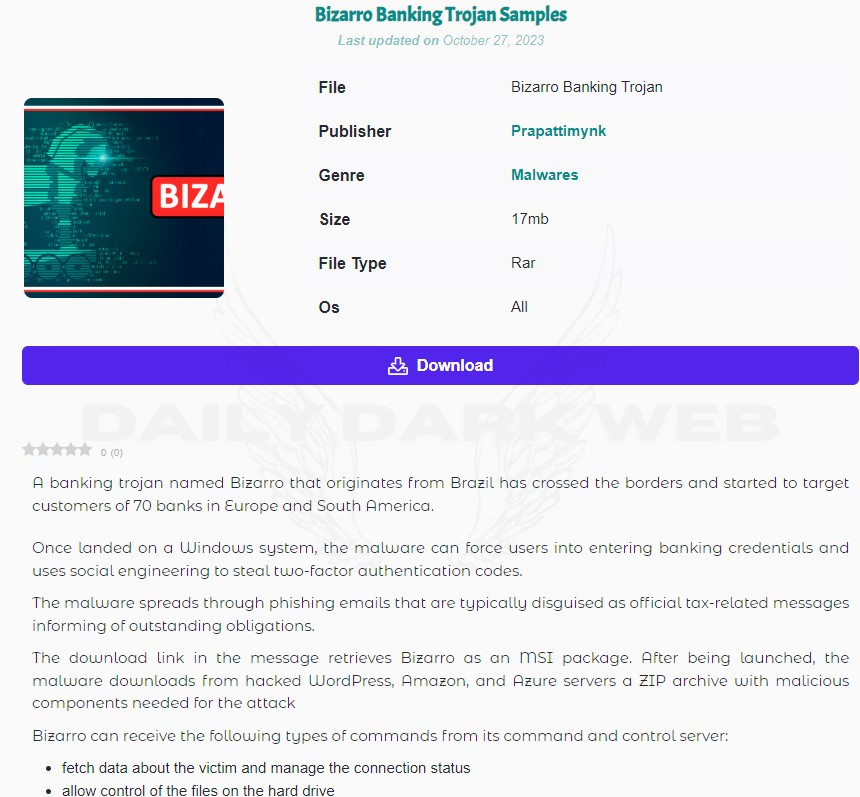 Bizarro Banking Trojan has been shared

Bizarro is a banking Trojan that originated in Brazil and has started to target customers of 70 banks in Europe and South America.

#DarkWeb