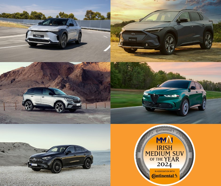 CaroftheYear_IE's tweet photo. Competing for this year’s award for the Irish Medium Crossover/SUV are the @MB_IRELAND GLC, @renaultireland Austral, @toyotaireland bZ4X, @AlfaRomeo_ie Tonale, @subaruireland Solterra. #IrishCOTY2024 https://t.co/JgdgQqKfoG