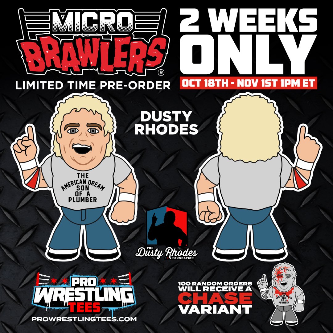 PWTees's tweet image. Last chance to Pre-Order the Dusty Rhodes Micro Brawler! 100 random orders will receive a chase variant! Ends 1PM ET

pwtees.co/3Qn1a7N

#microbrawler #dustyrhodes #pwtees #prowrestlingtees