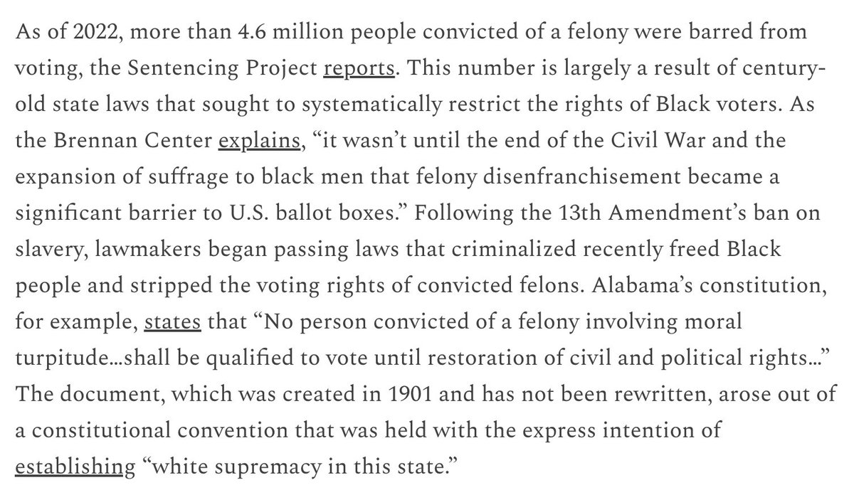 JuddLegum's tweet photo. 5. The entire practice of making ex-felons ineligible to vote after they serve their sentence is rooted in Jim Crow. It was an effort to criminalize black voters and make them ineligible to preserve white supremacy. https://t.co/wCZsVQwJU9