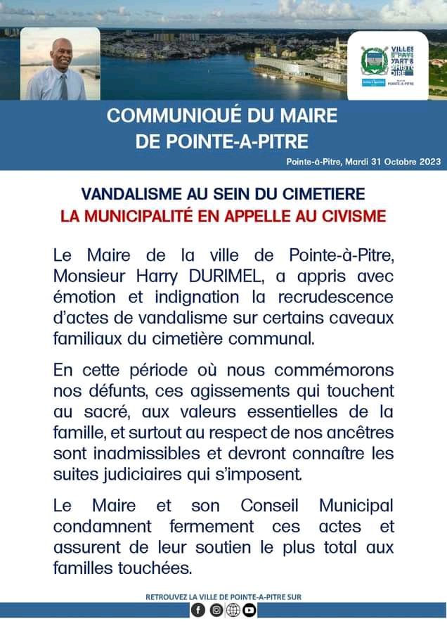 HDurimel's tweet photo. 🟢 Communiqué du Maire de Pointe-à-Pitre / Vandalisme au sein du cimetière : la Municipalité en appelle au civisme
#AppelAuCivisme #TousResponsables #Environnement #LaVilleDePointeAPitre #Lapwent #TousConcernés https://t.co/tbybRB7olY