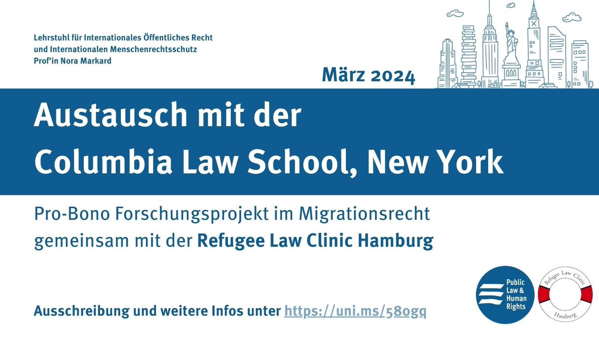 markard_chair's tweet photo. Auch 2024 nehmen wir wieder 5 @uni_muenster-Studis mit nach Hamburg und #NewYork! 
Der Austausch ist eine tolle Möglichkeit, über Pro-bono-Arbeit das US-#Asylrecht kennenzulernen und Kontakt an die Columbia Law School zu knüpfen. #LawClinic
Alle Infos: 👉 https://t.co/xvaL1cdhsU https://t.co/6lksasS4GM