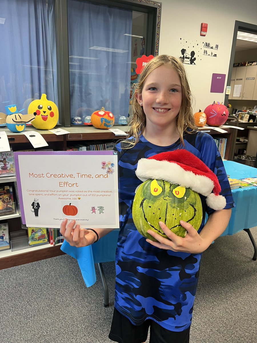 Book Pumpkin Winners- Fan Favorite- Dog Man; Resembles Book Character the Most-Pigeon; Most Creative, Time , and Effort- The Grinch! Thank you to all for creating  amazing pumpkin book characters!! 🎃😀📚